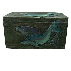 Hand Carved Wooden Box Dolphins Fish Hinged  Mid-Century Nautical Recipe Trinket